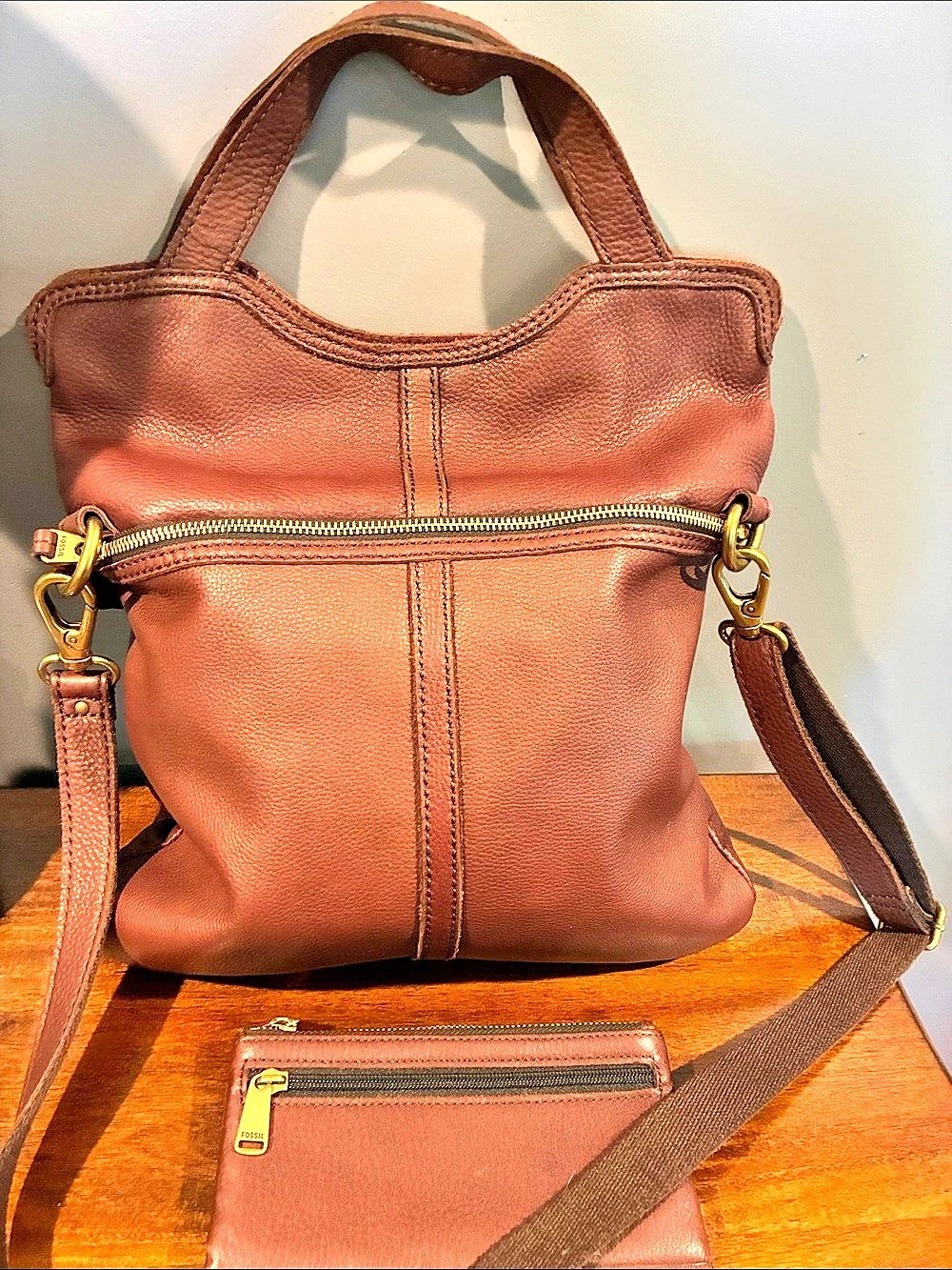 Fossil Brown Leather Shoulder Bag & Wallet - Picture 2 of 15